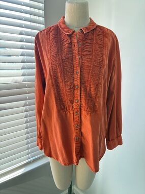 Pilcro Anthropologie Linen-Blend Orange Placket Pleated Denim Button Down